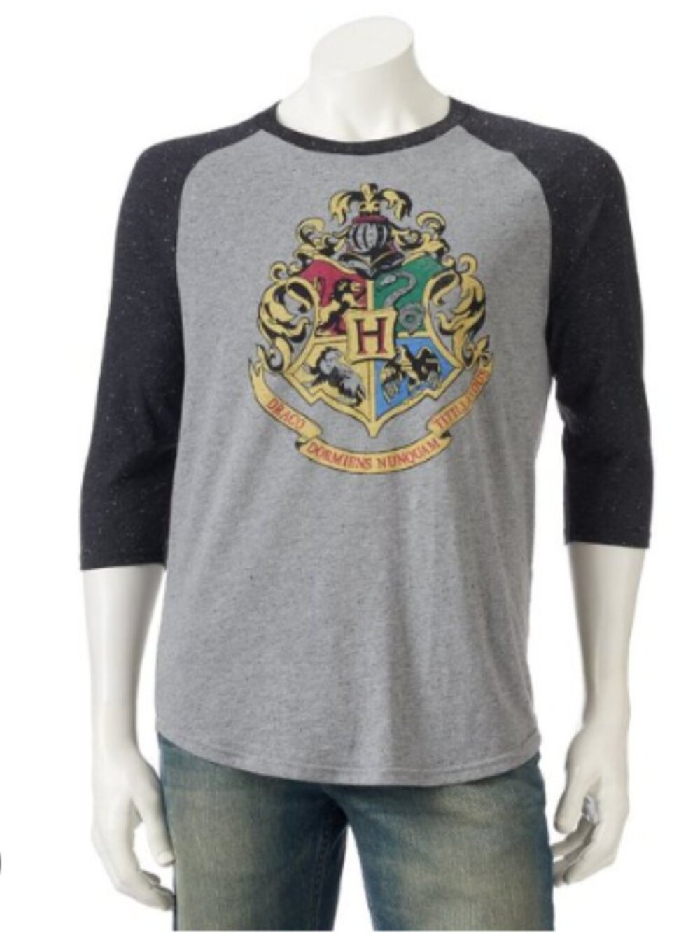 Harry Potter Hogwarts Crest Raglan Graphic Tee 3/4 Sleeve Grey Black Shirt S